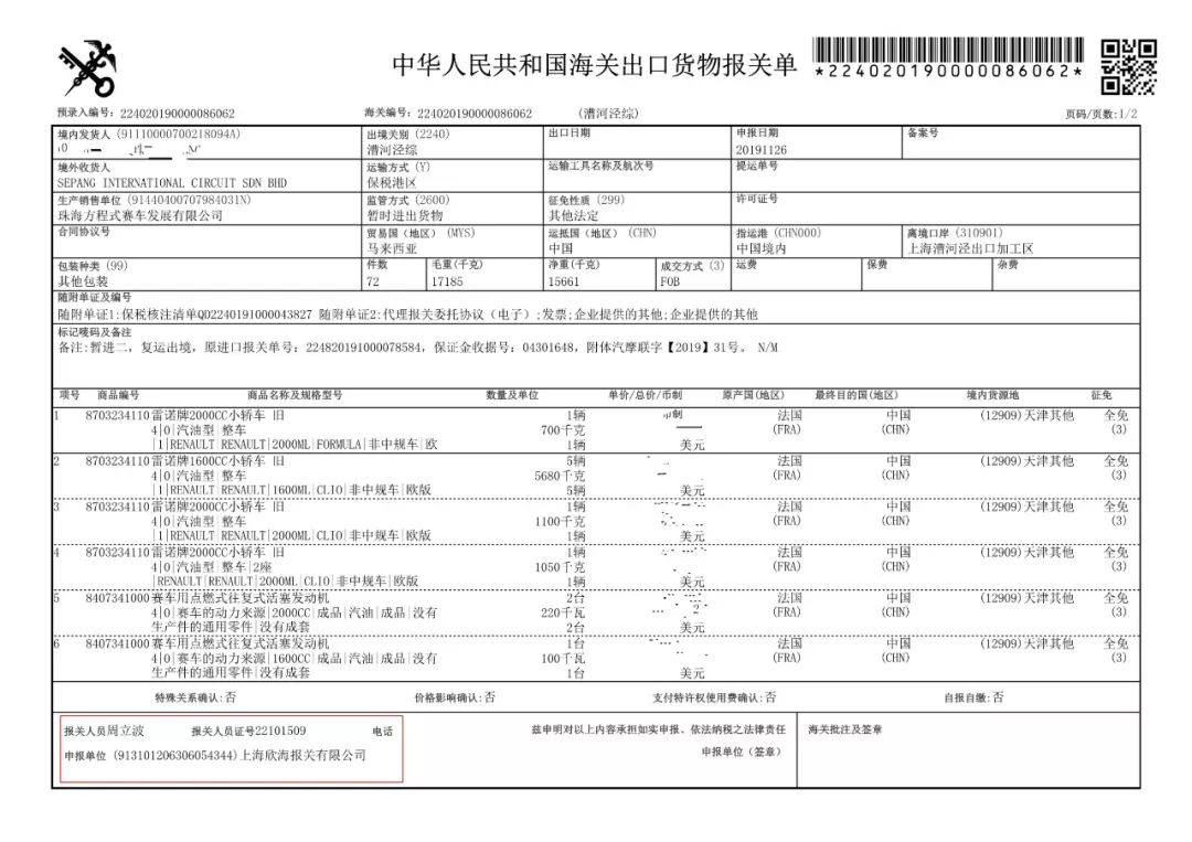 勒芒LMP3原型车耐力赛赛车进口报关单